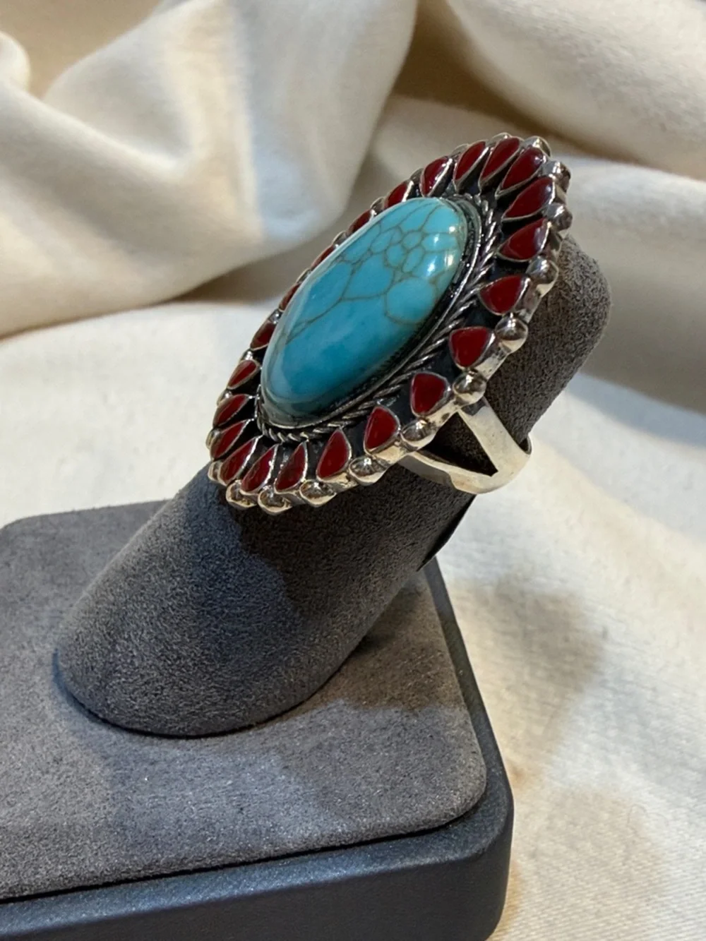 Sterling Silver Turquoise and Jasper Burst Ring